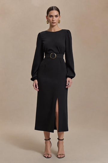 Black Sheath Long Sleeve Midi Work Dress With Slit